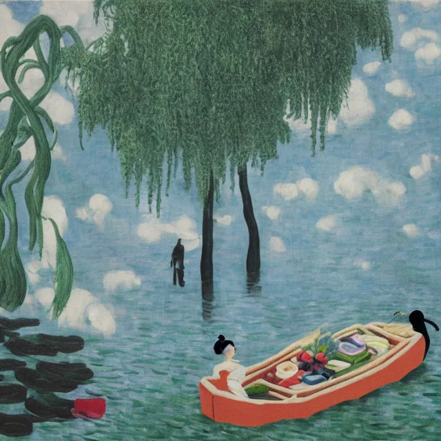 Prompt: painting of flood waters, zen, a tall catgirl art student, a river flooding inside, art supplies, pigs, ikebana, water, river, rapids, waterfall, black swans, canoe, pomegranate, berries dripping, acrylic on canvas, surrealist, by magritte and monet