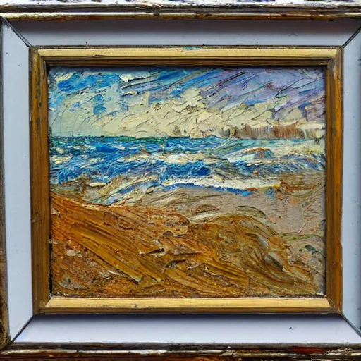 Image similar to oil paint impasto relief, beautiful italian beach scene, rough sea, multi layered thick brush marks, some splattered paint, in the style of ivan shishkin and frank auerbach and van gogh