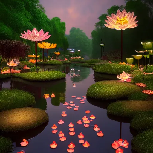 Image similar to photorealistic beautiful lotus blossom forest at dusk with paper lanterns illuminating a cobblestone pathway. hyperdetailed photorealism, 1 0 8 megapixels, koi pond, amazing depth, glowing rich colors, powerful imagery, psychedelic overtones, 3 d finalrender, 3 d shading, cinematic lighting, artstation concept art