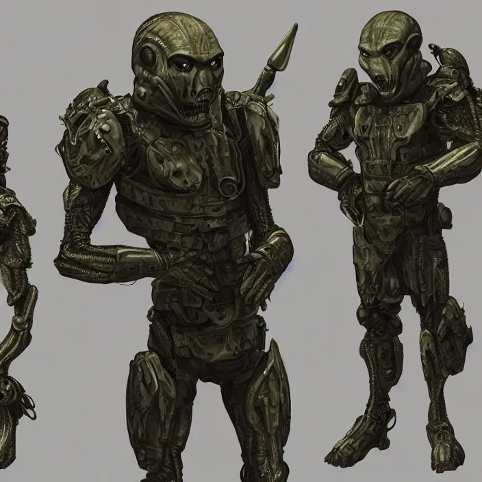Prompt: lone alien suited being, 4 limbs and civilized behavior, military soldier behavior, vibrant armor, photorealistic rendering, hyperdetailed