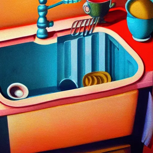 Prompt: the pile of dirty dishes in the sink, in style of surrealism, 4k ultra details, hyper realism,