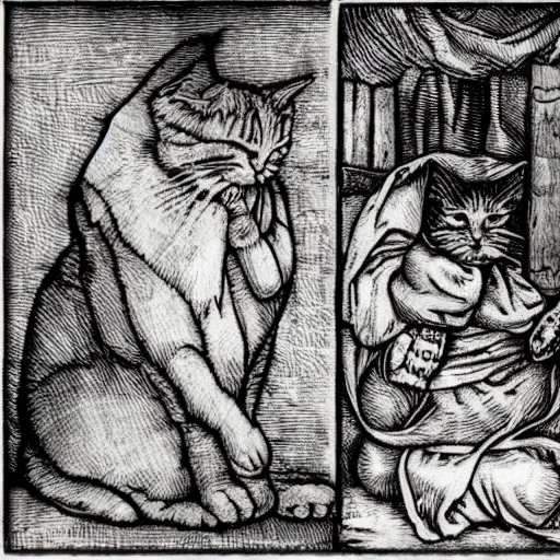 Prompt: lolcat meme from 2 0 1 0 in the style of albrecht durer etching, ultra high quality