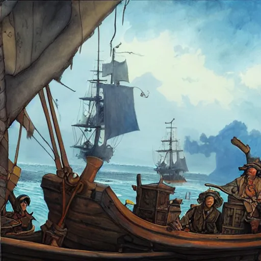 Image similar to captain philips pirates, detailed matte painting by anton pieck, deviantart contest winner, fantasy art, concept art, official art, matte drawing