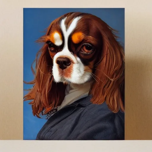 Prompt: a cavalier king charles spaniel who is really bored, tired, lying on a sofa with pillows, oil on canvas, by artgerm and greg rutkowski and alphonse mucha