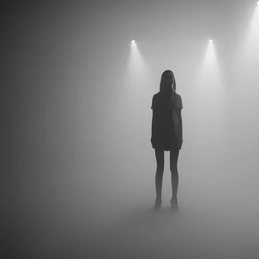 Prompt: dim lights shining through dark fog, emptiness, lonely female figure standing small, spooky found footage, dramatic contrast