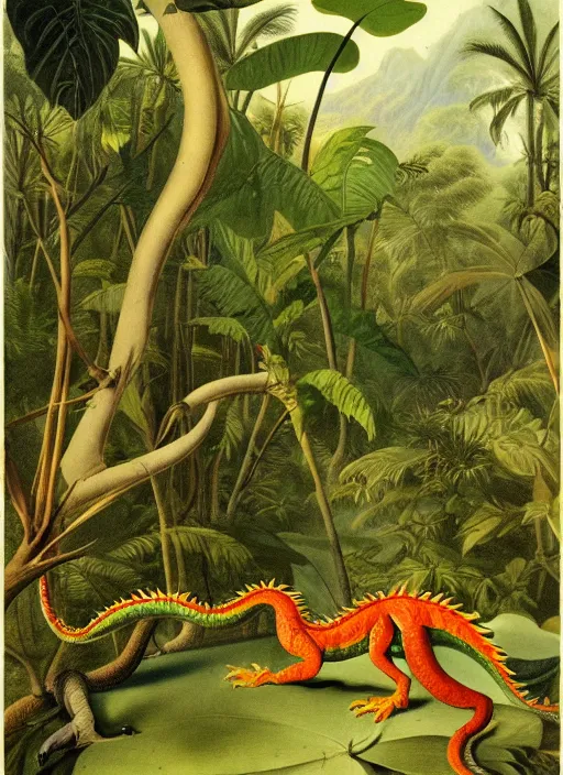 Image similar to vintage dragon in a tropical forest, john james audubon