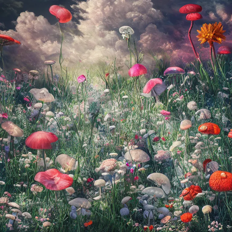 Prompt: a beautiful painting of every cloud has a silver lining, made from flowers and fungi, highly detailed, 8 k resolution, trending on artstation