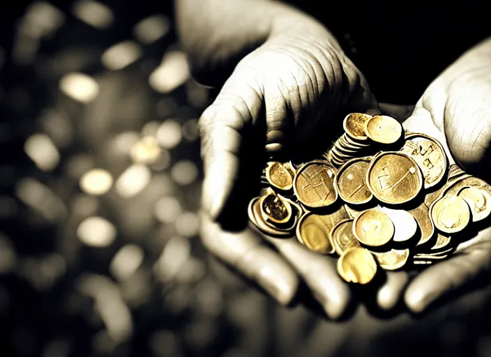 Prompt: old retro burnt out sepia photograph with scratches of an old and wrinkled hand holding a few golden coins with royal engravings. magical forest in the background with bokeh. Antique. High quality 8k. Intricate. Sony a7r iv 35mm. Award winning.