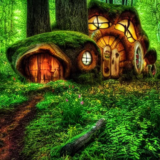 Image similar to mushroom house in an enchanted forest full of luminous flowers, the light from the flowers is great, hdr