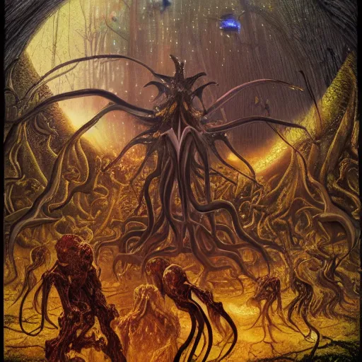 Image similar to epic battle between golden angles of peace and the squid demons of the nether in a dark swamp forest by tim burton and bill henson