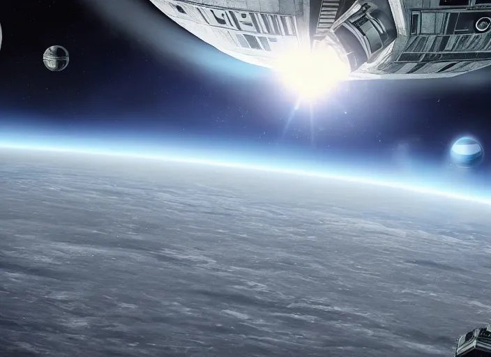 Image similar to film still of the death star hovering above earth, full view, in the new star wars movie, 4 k