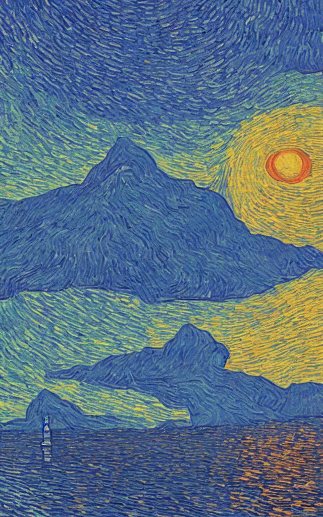 Image similar to sunset on a lake by a mountain. cubes and tesseracts. retro art by jean giraud and van gogh.