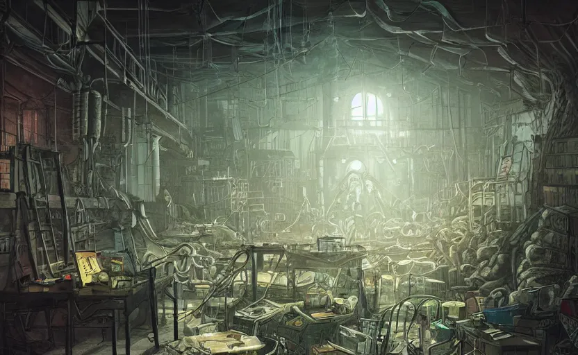 Image similar to a bio - monster in a mess warehouse, crystal lights, resident evil, sci - fi atmosphere, cel - shading, cinematic, artstation, studio ghibli, miyazaki, highly details