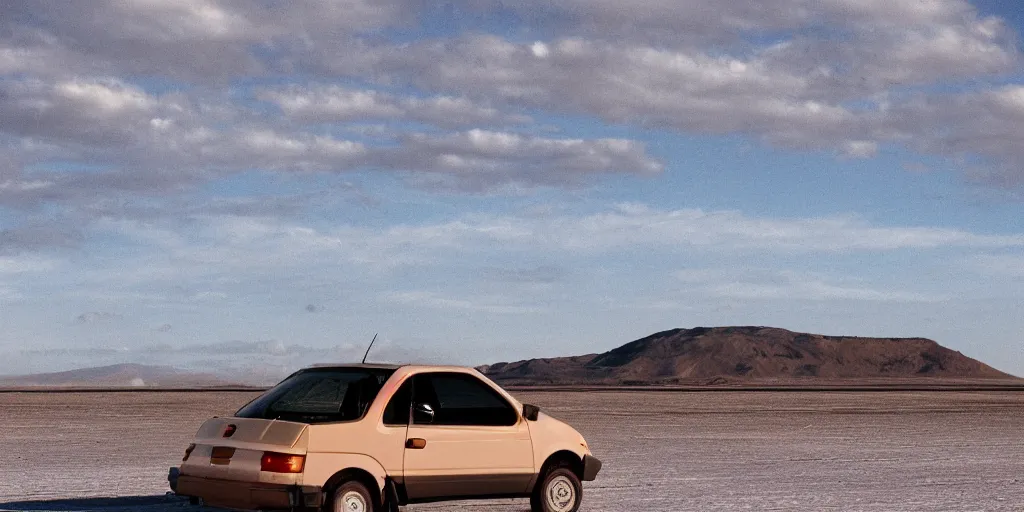 Prompt: a Geo Metro in a salt flat, auto photograph