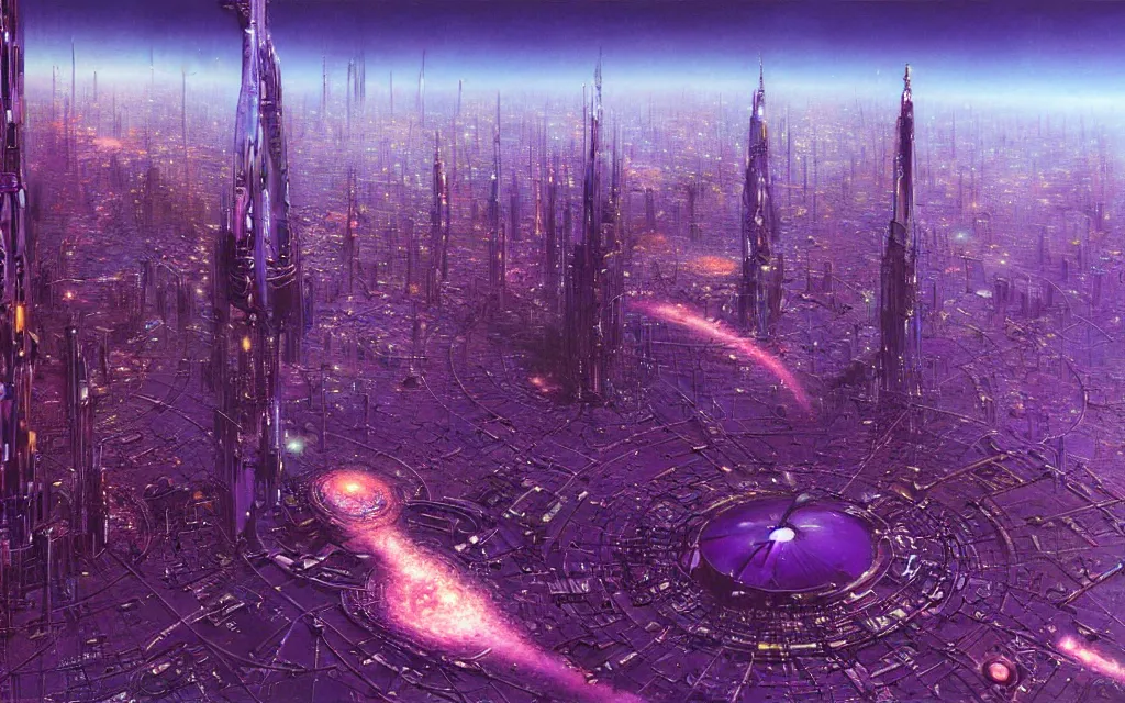 Image similar to a futurist cybernetic purple city, future perfect, award winning digital art by alan bean and bruce pennington