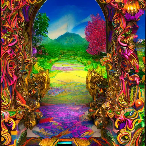 Prompt: Doorway to Utopia, an ornate multi-colored doorway opens on to a fantastical landscape, a place of astonishing beauty and fun, vibrant, fantasy+utopian architecture