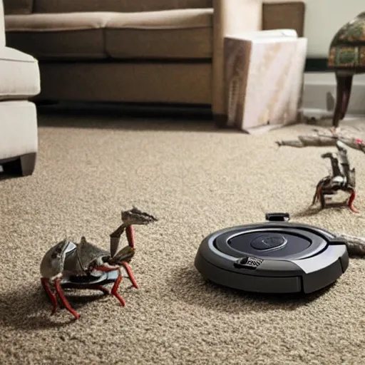 Prompt: two time poor mudcrabs invest in a Roomba