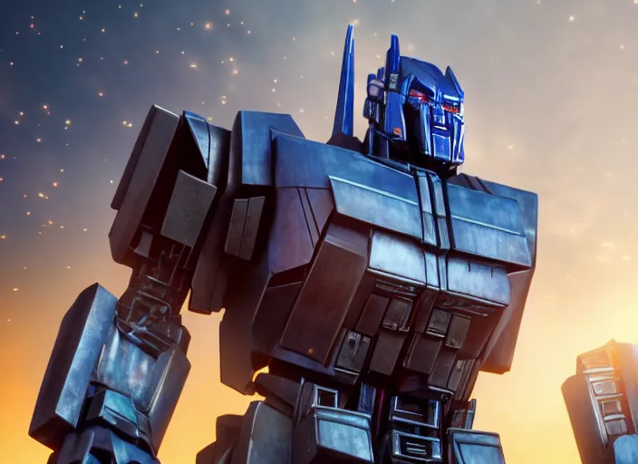 Image similar to optimus prime destroying a [ decepticon ], ultra realistic 4 k unreal engine very cinematic render with ray tracing bloom ambient occlusion strong reflections depth of field fog