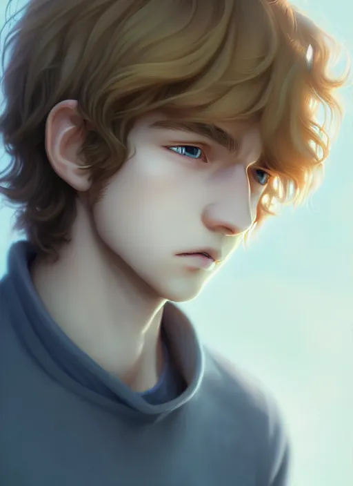 Image similar to young man with medium - length, curly, golden hair, perfectly proportioned face, aquamarine eyes, cry, natural lighting, path traced, highly detailed, high quality, cartoon, digital painting, by new haicheng and studio ghibli