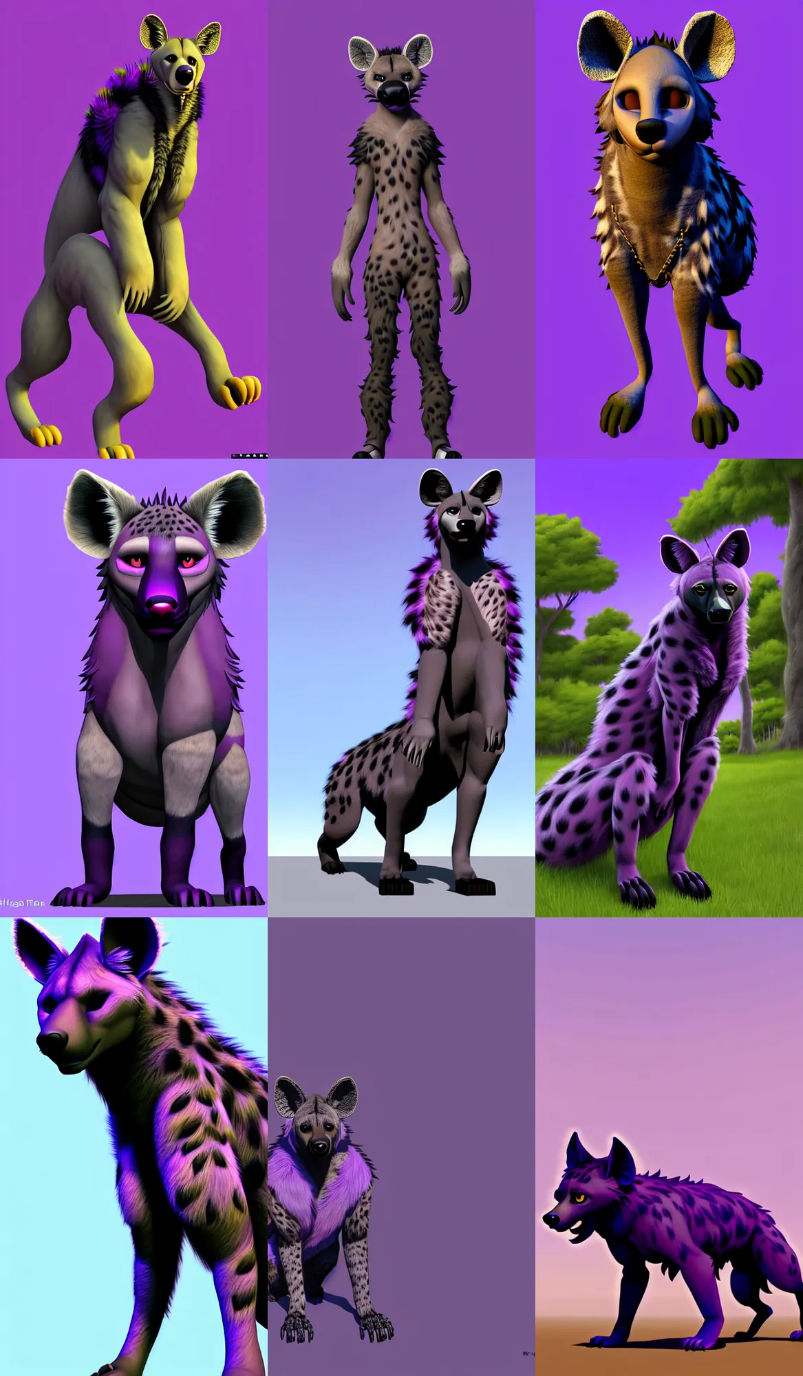 Prompt: idyllic, a full - body centered front - perspective furry male fursona portrait, a male hyena fursona, purple and black fur color scheme, idyllic setting with natural background, trending on weasyl, painted in zbrush, high - resolution, godrays, photorealistic