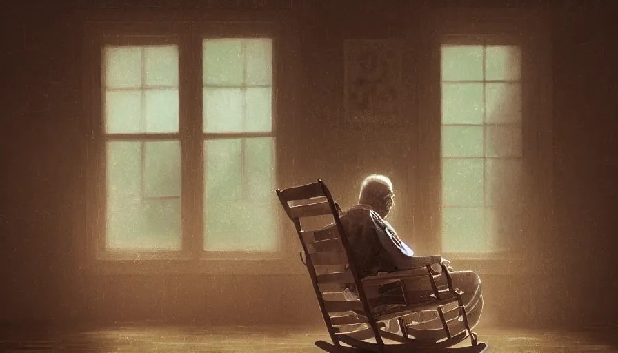 Prompt: Old man on his rocking chair looking the rain at the windows in his old wooden house, hyperdetailed, artstation, cgsociety, 8k