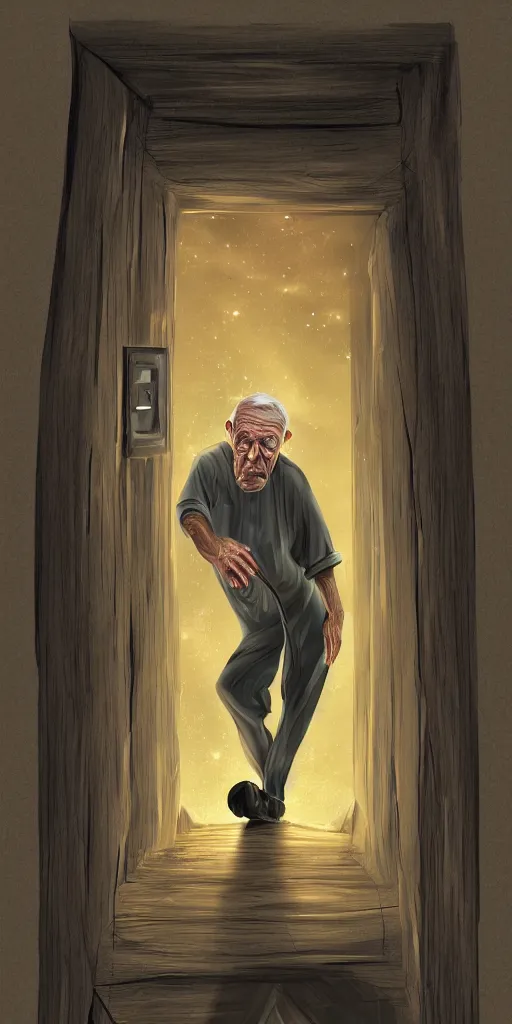 Image similar to old man going through a door to another dimension, fantasy, 4 k, digital art,