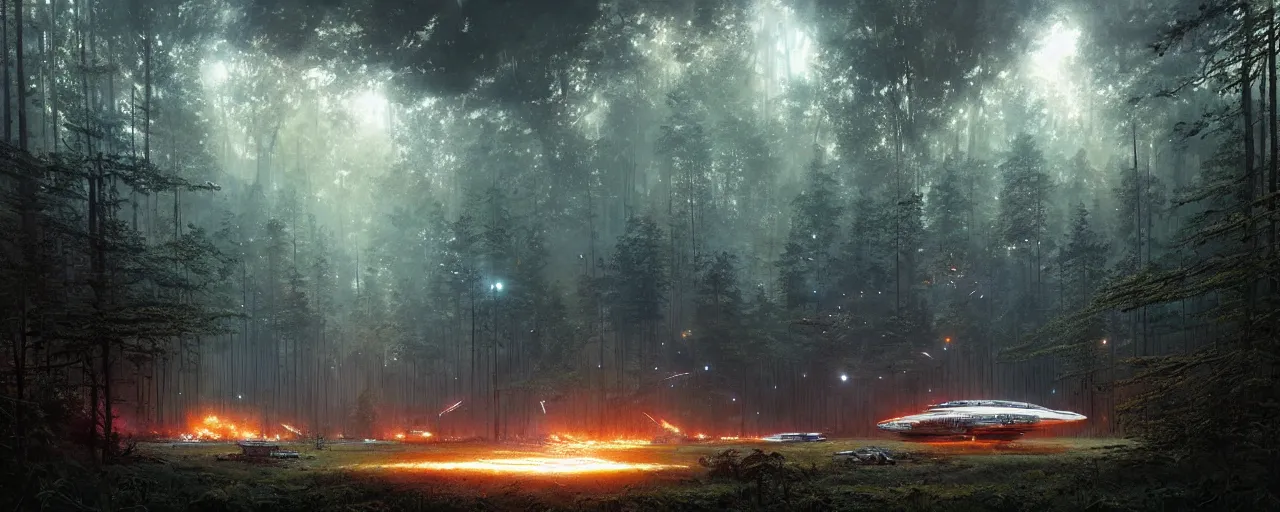 Image similar to a giant megastructure spaceship wrecked and lost in the forest, a small fire in the distance, powerful laser light and large sound system on the left, detailed digital art by greg rutkowski.