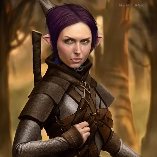 Image similar to anya charlota as a medieval fantasy tolkien elf, dark purplish hair tucked behind ears, wearing leather with a fur lined collar, wide, muscular build, scar across the nose, one black, scaled arm, cinematic, character art, digital art, realistic. 8 k, detailed.