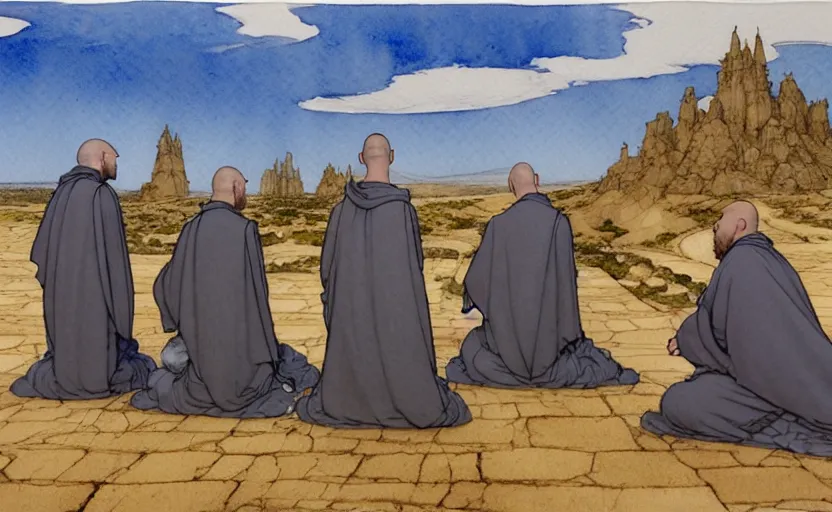 Image similar to a hyperrealist watercolour concept art of a group of medieval monks in grey robes kneeling in prayer. five large stones are floating in the sky. on a desert road. by rebecca guay, michael kaluta, charles vess and jean moebius giraud. high detail, hq, wide shot