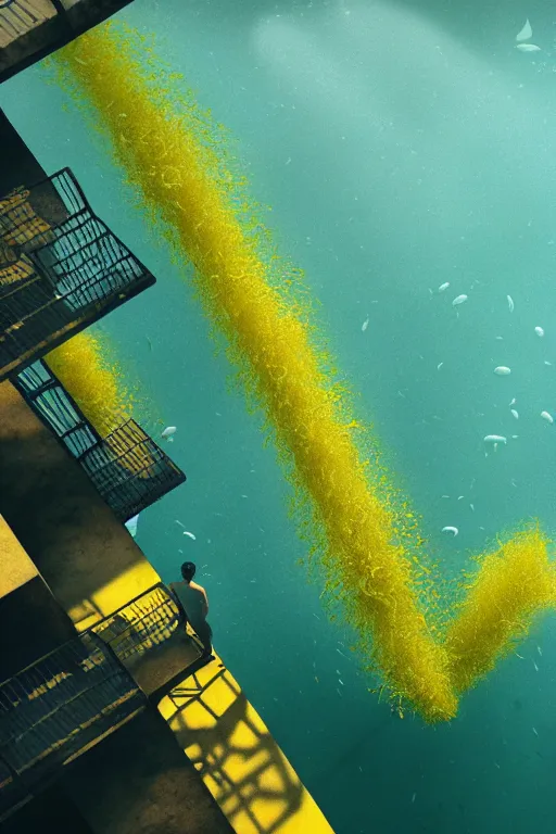Prompt: hyperrealistic precisionist cinematic half underwater neo - dystopian city ruins with giant floating yellow algae, digital art masterpiece, aykut aydogdu eric zener, dramatic volumetric light, long shot, low angle uhd 8 k, sharp focus