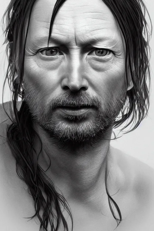 Prompt: close up portrait painting of middle aged thom yorke from radiohead, ultra realistic, concept art, intricate details, serious, highly detailed, photorealistic, octane render, 8 k, unreal engine. art by artgerm and greg rutkowski and alphonse mucha