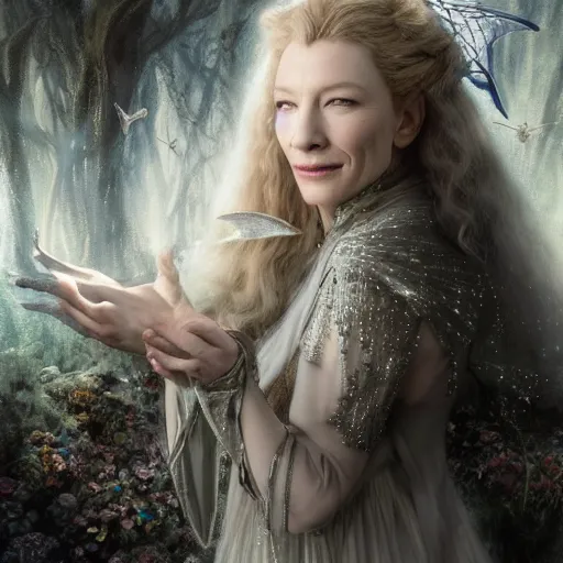 Prompt: portrait of mischievous, baleful Cate Blanchett as Galadriel as a queen of fairies, dressed in a beautiful silver dress. The background is a dark, creepy eastern europen forrest. night, horroristic shadows, high contrasts, lumnious, theatrical, character concept art by ruan jia, thomas kinkade, and J.Dickenson, trending on Artstation