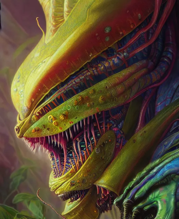 Image similar to intricate colorful portrait of a scary alien insect creature, mottling, adorable, childlike, overgrown environment, ultra realistic, concept art, maximalist, photorealistic, octane render, 8 k, unreal engine. art by christopher marley and artgerm and greg rutkowski and alphonse mucha