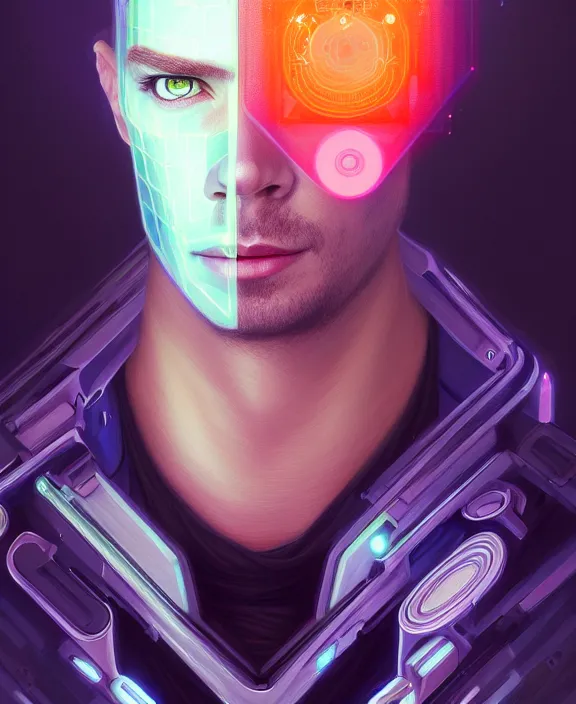 Image similar to a whirlwind inside the metaverse, guy, male, man, hologram, half body, neurochip, android, cyborg, cyberpunk face, by loish, d & d, fantasy, intricate, elegant, highly detailed, colorful, digital painting, artstation, concept art, art by artgerm and greg rutkowski and alphonse mucha