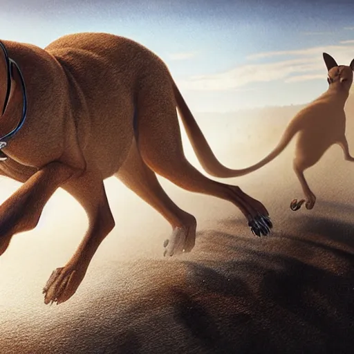 Image similar to a boerboel mastiff running, chasing a kangaroo, detailed, intricate, by jessica rossier