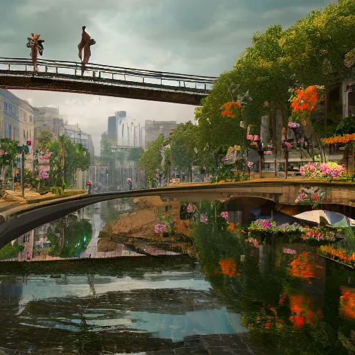 Image similar to a humongous civilization of naturists, cinematic, flowers, bridges, malls, shops, city, people, houses, wet reflections, unreal engine 5, octane, smooth, ray tracing, hyper detailed, hyper realism, fantasy, trending on artstation, behance, deviantart