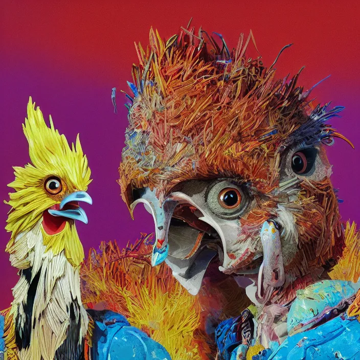 Image similar to portrait of David Bowie as a chicken in Chicken Run. intricate abstract. intricate artwork. by Tooth Wu, wlop, beeple, dan mumford. octane render, trending on artstation, greg rutkowski very coherent symmetrical artwork. cinematic, hyper realism, high detail, octane render, 8k, iridescent accents