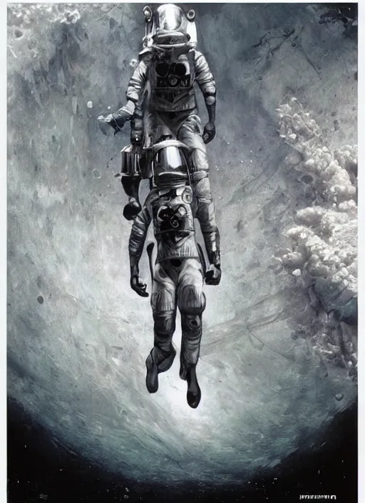 Prompt: astronauts in dark and empty void underwater - complex and hyperdetailed suit. reflection and dispersion materials. rays and dispersion of light. volumetric light. 5 0 mm, f / 3 2. noise film photo. flash photography. ultra realistic, wide angle. poster by wayne barlowe, hajime sorayama aaron horkey, craig mullins. polaroid.