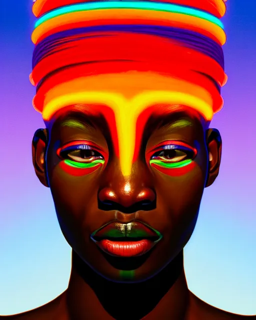 Prompt: a vibrant colorful head and shoulders portrait of the face of a strong tribal african, zoom out, immersive digital art experiences, glowing lights, magic details, by moebius, edward hopper, james gilleard, and james jean, hd, 8 k, trending on artstation, uhd,