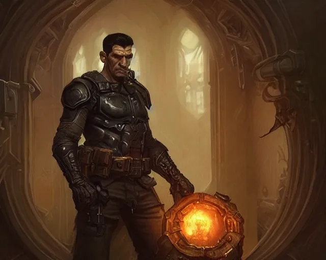 Prompt: a gaming screenshot still portrait of the punisher, deep focus, d & d, fantasy, intricate, elegant, highly detailed, digital painting, artstation, concept art, matte, sharp focus, illustration, dark fantasy style art, hearthstone, art by artgerm and greg rutkowski and alphonse mucha