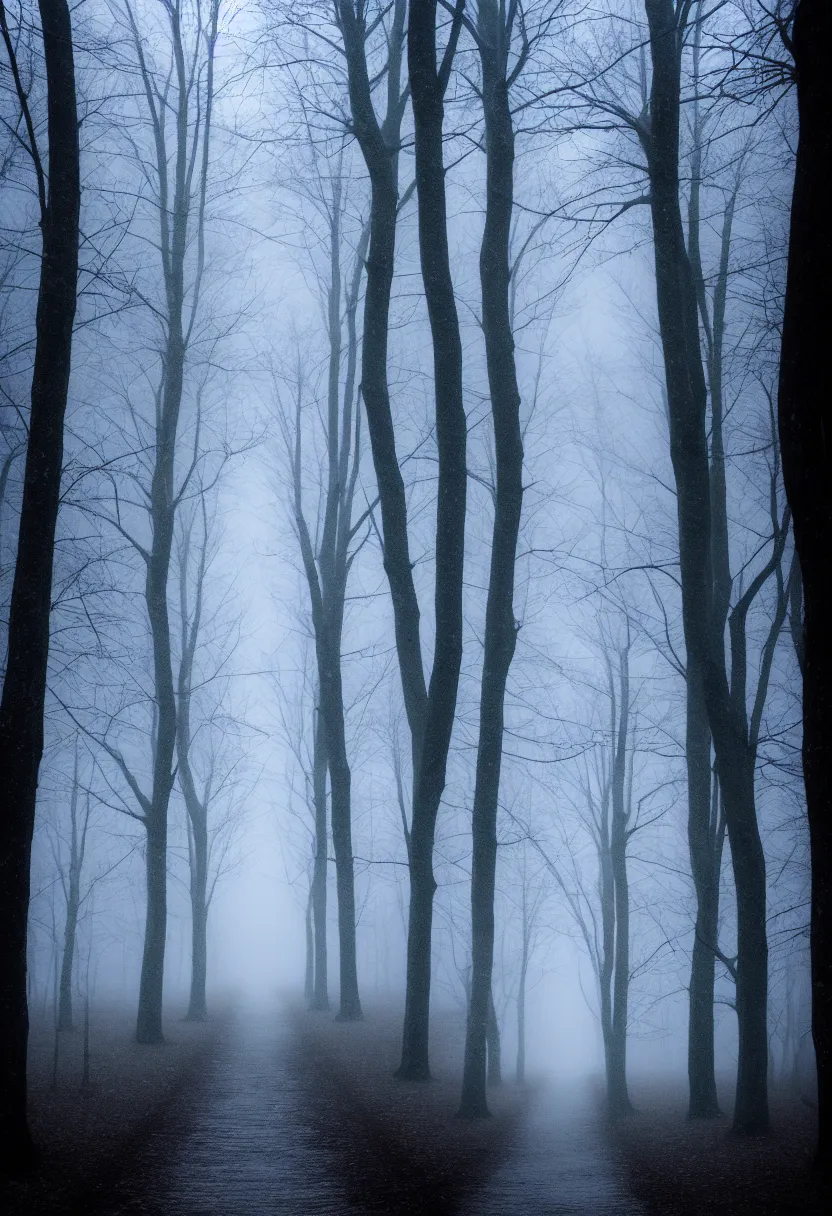 Image similar to eerie photo of a path in the middle of a frozen winter morning spooky forest, treelined, fog, award winning photography, anamorphic lens, f 2. 0, mystical, ultra high definition, ultra detailed,