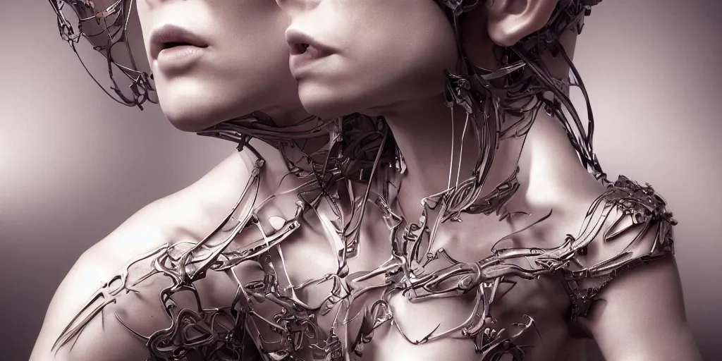 Image similar to hyper realistic photography of a stunningly beautiful cyborg female, plated arm, intimate, chest, holding close, ribbons, in the style of beth cavener, jin kagetsu,, and wlop, highly detailed, intricate filigree, symmetry, masterpiece, award winning, sharp focus, concept art, highkey lighting, ambient lighting, octane render, 8 k, artstation