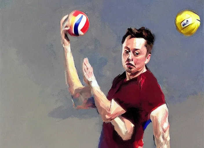 Image similar to a highly detailed beautiful portrait of elon musk playing voleyball, by gregory manchess, james gurney, james jean