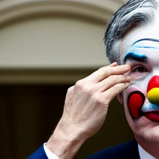 Image similar to Jerome Powell with colorful clown makeup all over his face whiteface