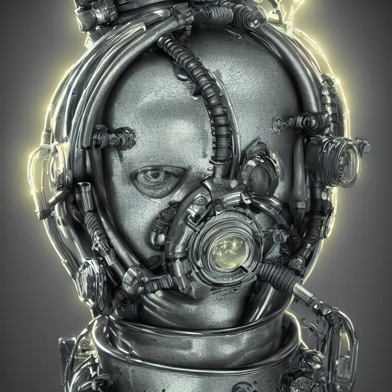 Prompt: octane render portrait by wayne barlow and carlo crivelli and glenn fabry, a psychedelic old timey diving suit filled with glowing fluid and made of clear plastic, cinema 4 d, ray traced lighting, very short depth of field, bokeh