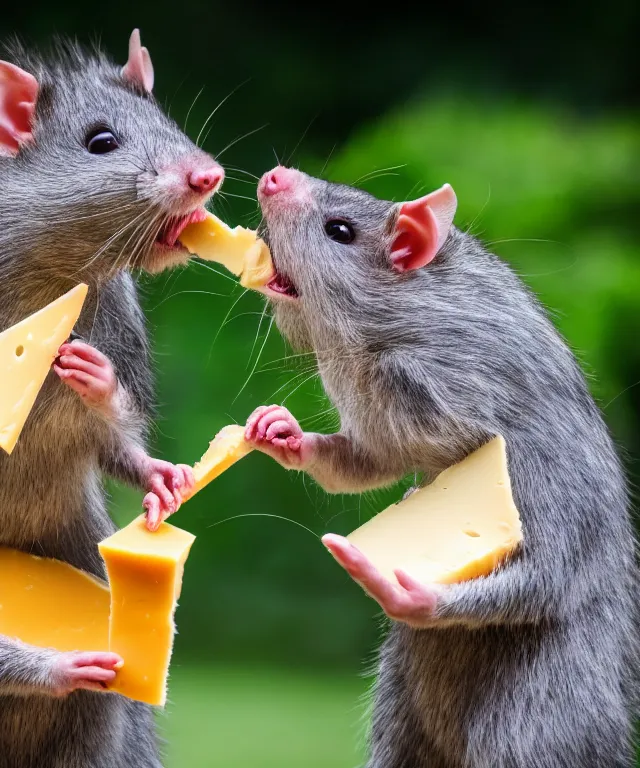 Image similar to high quality presentation photo of vicious anthropomorphic rats with sharp teeth eating cheese, and fighting each other over cheese, photography 4k f1.8 anamorphic bokeh 4k Canon Nikon