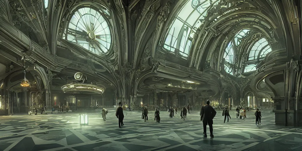 Prompt: cinematic movie scene, 200mm wide shot, precise architectural rendering, interior of a sci-fi space station with ornate art nouveau architecture, bustling with people and flying cars, gothic architecture, emerald, crystalline, detailed illustration, sharp focus, concept art, unreal engine, octane render, god rays H 768