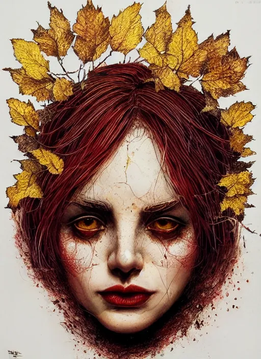 Image similar to gold red black color, golden leaves at frame border, creative!!! composition for a book cover!!!, absurdly beautiful, ultrafine hyperrealistic detailed old witch face by wlop and artgerm and greg rutkowski, intricate linework, sharp focus, smooth, octopath traveler, final fantasy, unreal engine, dramatic lighting, ethereal, 8 k