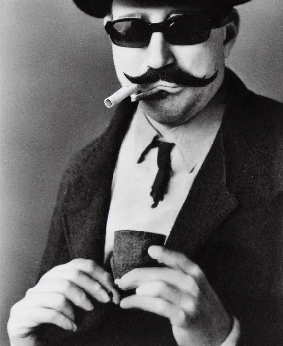 Prompt: a vintage photo medium shot of a man with a bushy mustache smoking a cigarette in his mouth wearing a grey hat and sunglasses. very coherent.