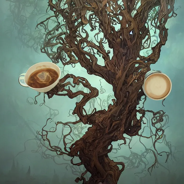 Image similar to a twisted tree of life growing from a mug of hot chocolate, concept art, by Peter Mohrbacher and Alphonse Mucha, detailed, style, 8k, trending on artstation, unreal engine 4k, detailed, clean background trending, full shot, symmetrical portrait, sophisticated, Unreal engine, dystopia, anti-utopia, post processing, psychadelic